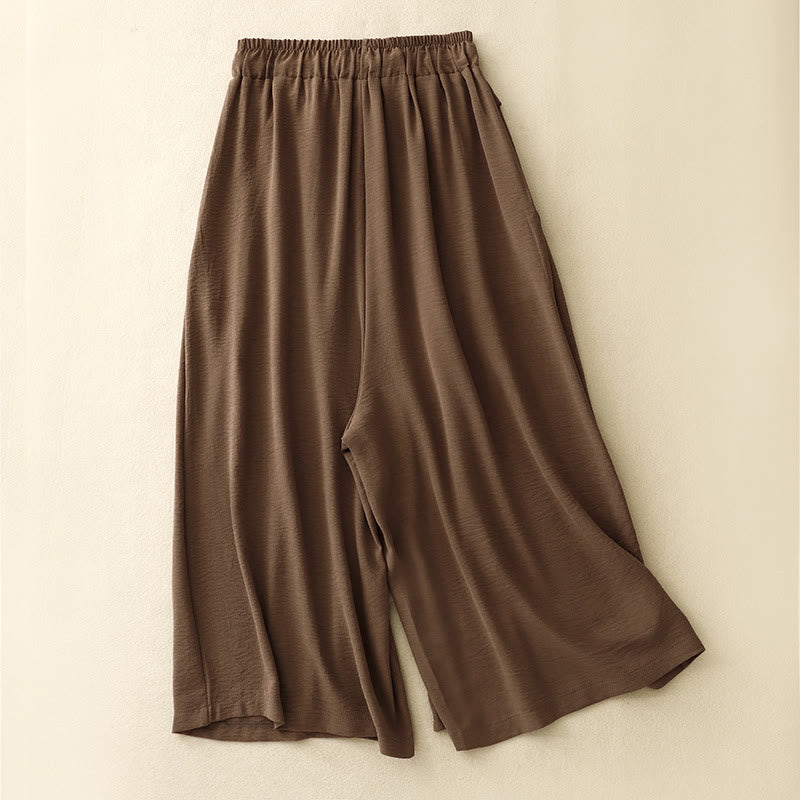 Pantalon court à jambes larges et poches pour femme, style ethnique décontracté et simple, avec cordon de serrage et Buddha Stones - image 1