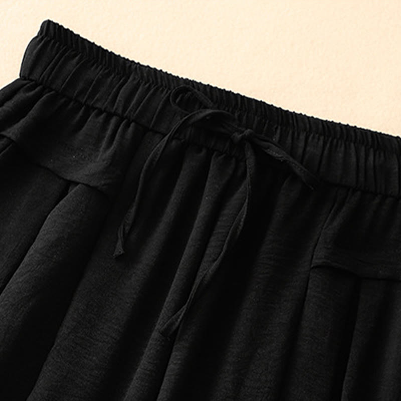 Pantalon court à jambes larges et poches pour femme, style ethnique décontracté et simple, avec cordon de serrage et Buddha Stones - image 10
