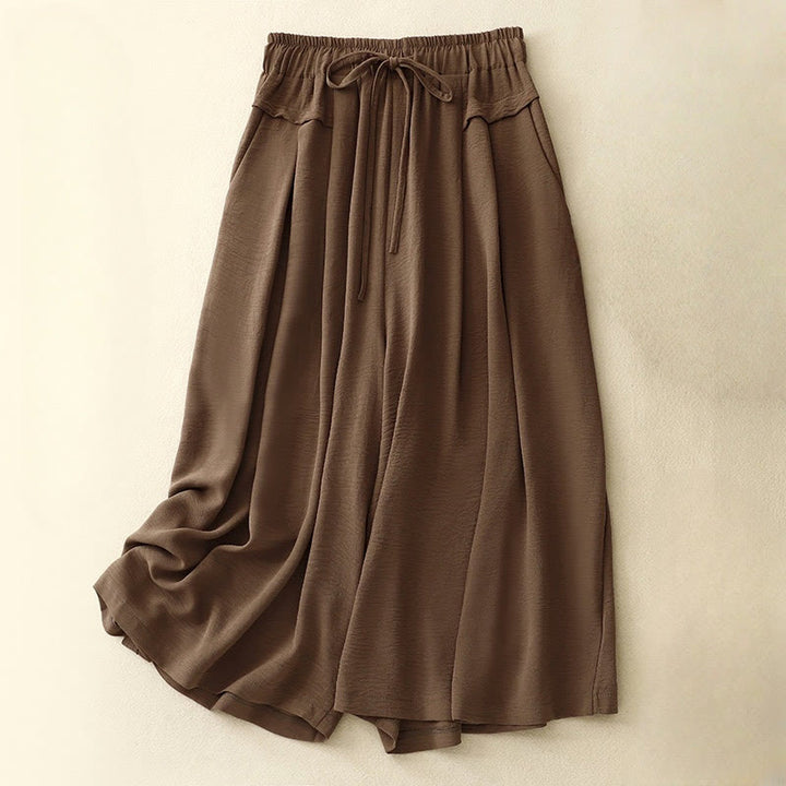 Pantalon court à jambes larges et poches pour femme, style ethnique décontracté et simple, avec cordon de serrage et Buddha Stones - SaddleBrown - US8-10，UK/AU12-14，EU40-42 (2XL) - image 0