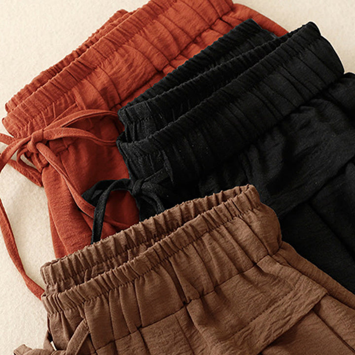 Pantalon court à jambes larges et poches pour femme, style ethnique décontracté et simple, avec cordon de serrage et Buddha Stones - image 20