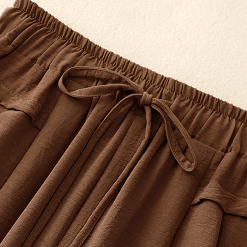 Pantalon court à jambes larges et poches pour femme, style ethnique décontracté et simple, avec cordon de serrage et Buddha Stones - image 2