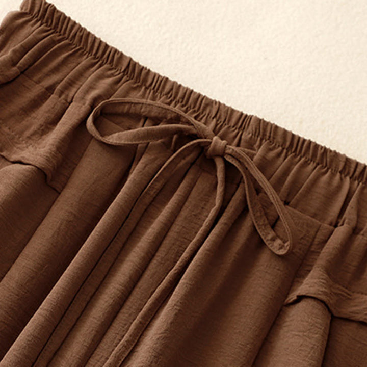 Pantalon court à jambes larges et poches pour femme, style ethnique décontracté et simple, avec cordon de serrage et Buddha Stones - image 2