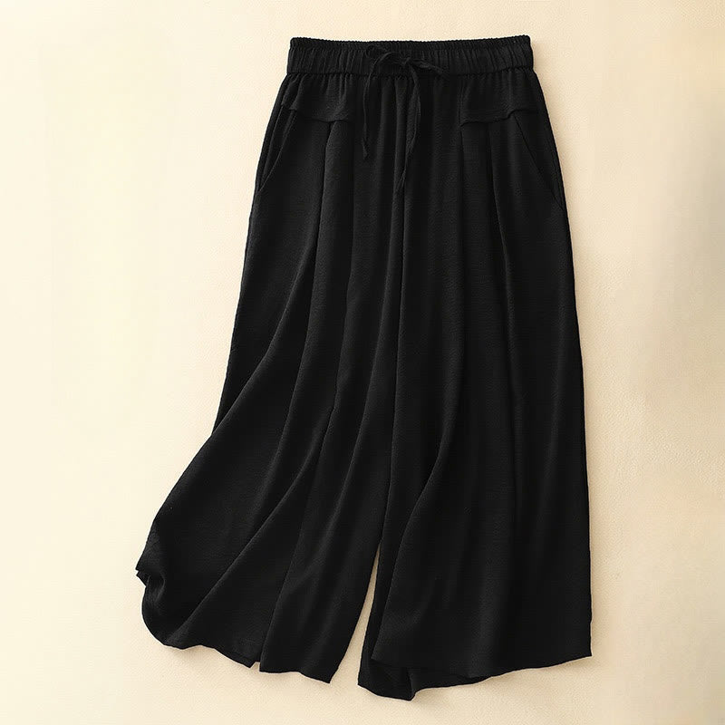 Pantalon court à jambes larges et poches pour femme, style ethnique décontracté et simple, avec cordon de serrage et Buddha Stones - Noir - US8-10，UK/AU12-14，EU40-42 (2XL) - image 9