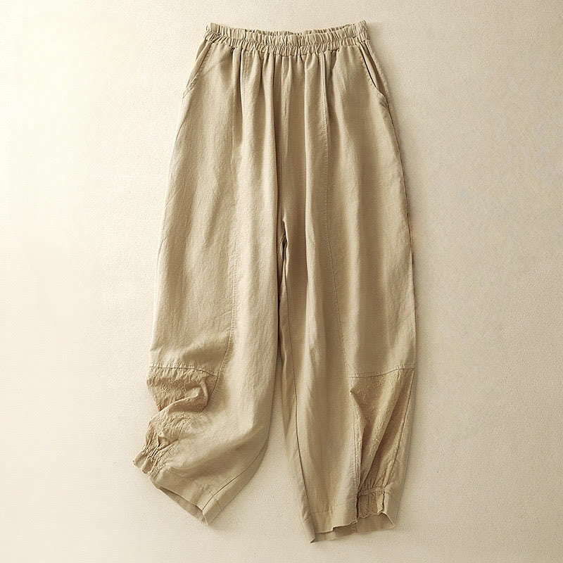 Pantalon d'été en coton et lin pour femme, broderie de Buddha Stones , couleur pure, patchwork, avec poches