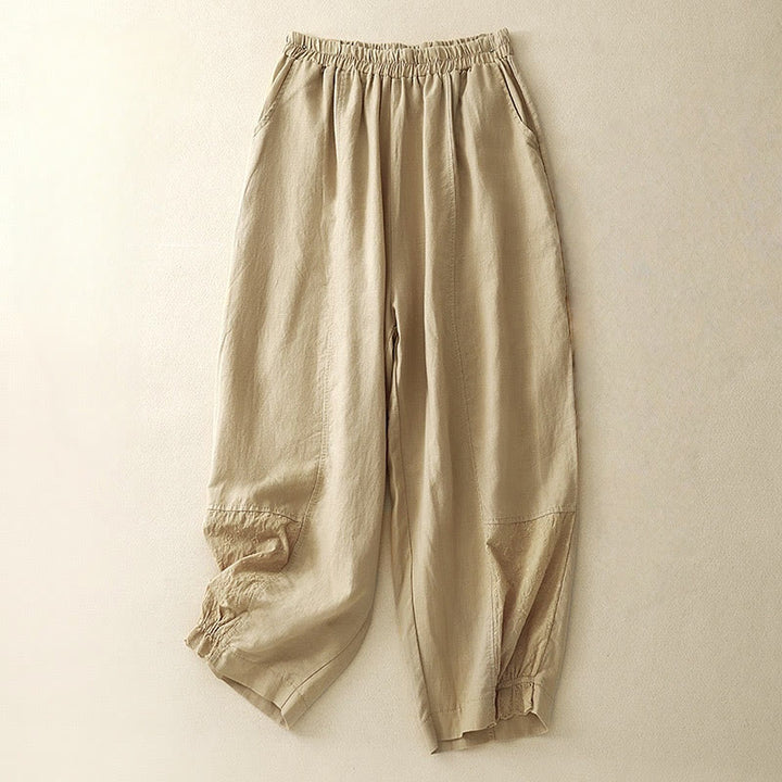 Pantalon d'été en coton et lin pour femme, broderie de Buddha Stones , couleur pure, patchwork, avec poches