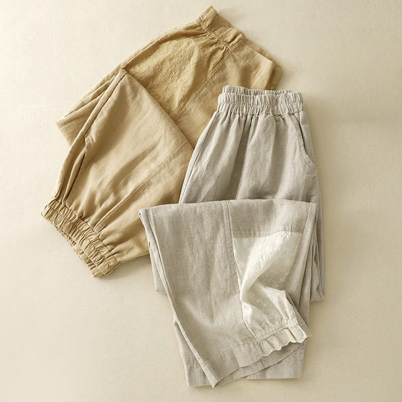 Pantalon d'été en coton et lin pour femme, broderie de Buddha Stones , couleur pure, patchwork, avec poches
