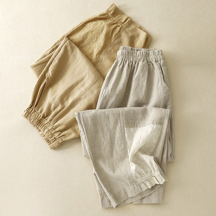 Pantalon d'été en coton et lin pour femme, broderie de Buddha Stones , couleur pure, patchwork, avec poches