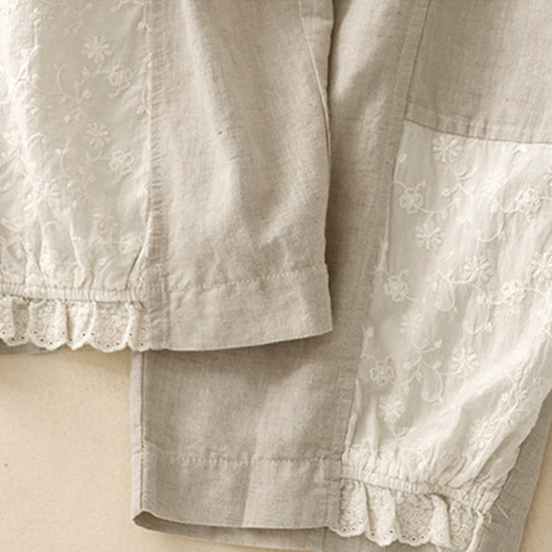 Pantalon d'été en coton et lin pour femme, broderie de Buddha Stones , couleur pure, patchwork, avec poches