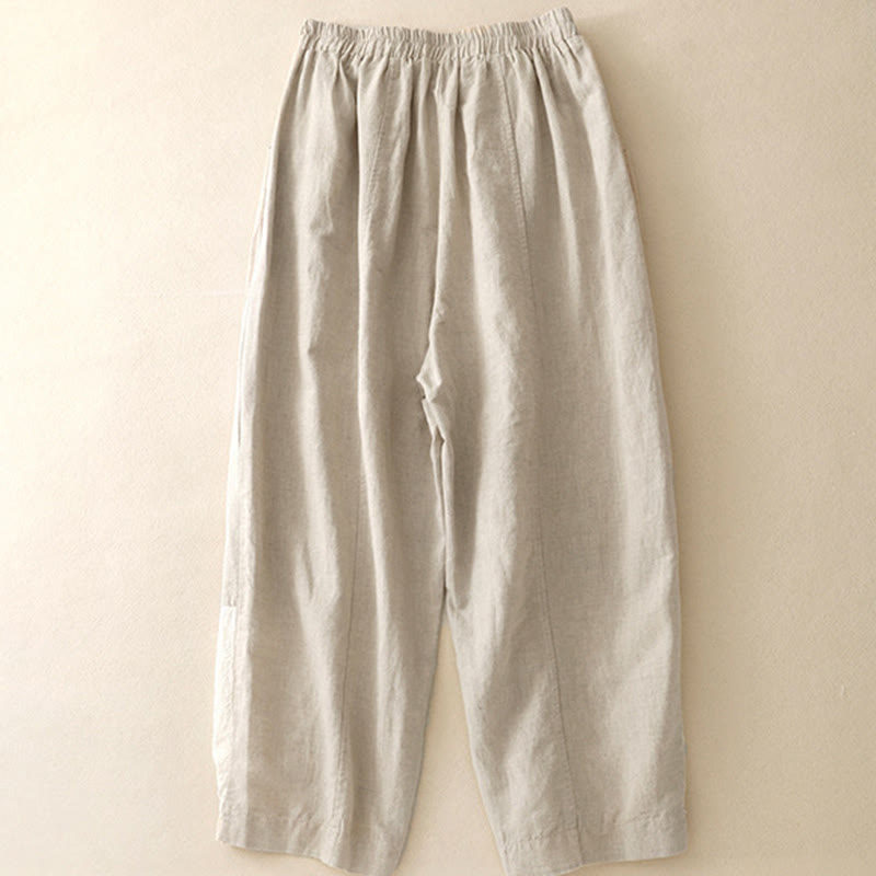Pantalon d'été en coton et lin pour femme, broderie de Buddha Stones , couleur pure, patchwork, avec poches