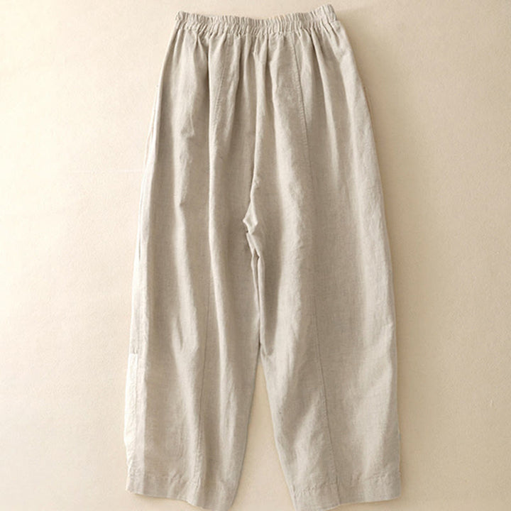 Pantalon d'été en coton et lin pour femme, broderie de Buddha Stones , couleur pure, patchwork, avec poches