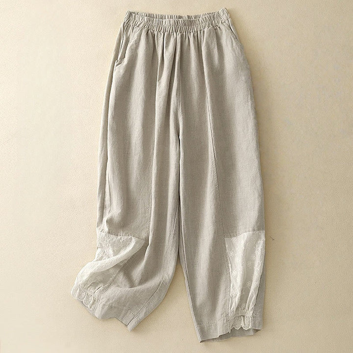 Pantalon d'été en coton et lin pour femme, broderie de Buddha Stones , couleur pure, patchwork, avec poches