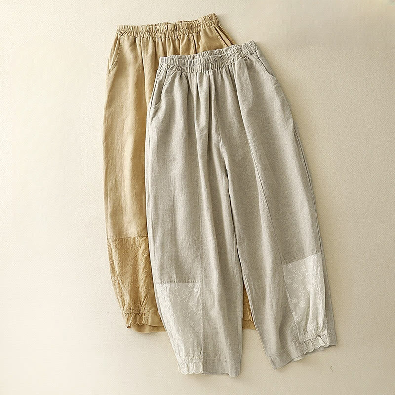 Pantalon d'été en coton et lin pour femme, broderie de Buddha Stones , couleur pure, patchwork, avec poches