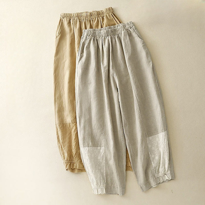 Pantalon d'été en coton et lin pour femme, broderie de Buddha Stones , couleur pure, patchwork, avec poches