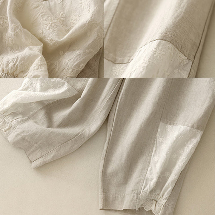 Pantalon d'été en coton et lin pour femme, broderie de Buddha Stones , couleur pure, patchwork, avec poches