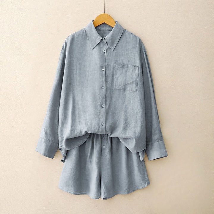 Ensemble 2 pièces d'été pour femme, chemise à manches longues, cardigan et short, vêtements de méditation avec poches, Buddha Stones - BleuetBleu - US12，UK/AU16，EU44 (2XL) - image 17