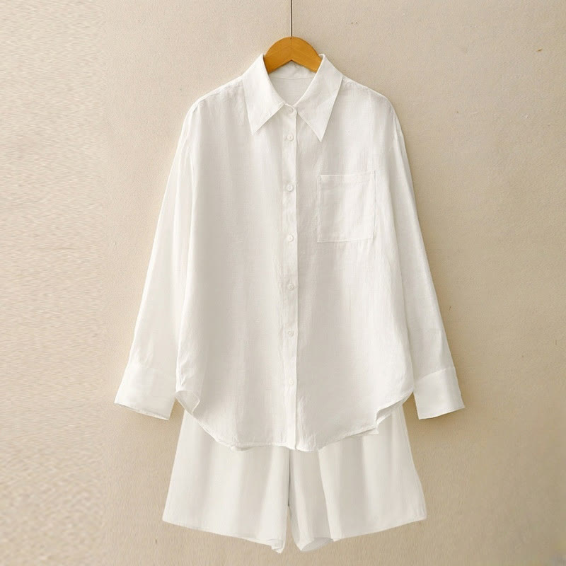 Ensemble d'été 2 pièces Buddha Stones pour femme : haut à manches longues uni, short et poches. Vêtements de méditation. - Blanc - US12，UK/AU16，EU44 (2XL) - image 28
