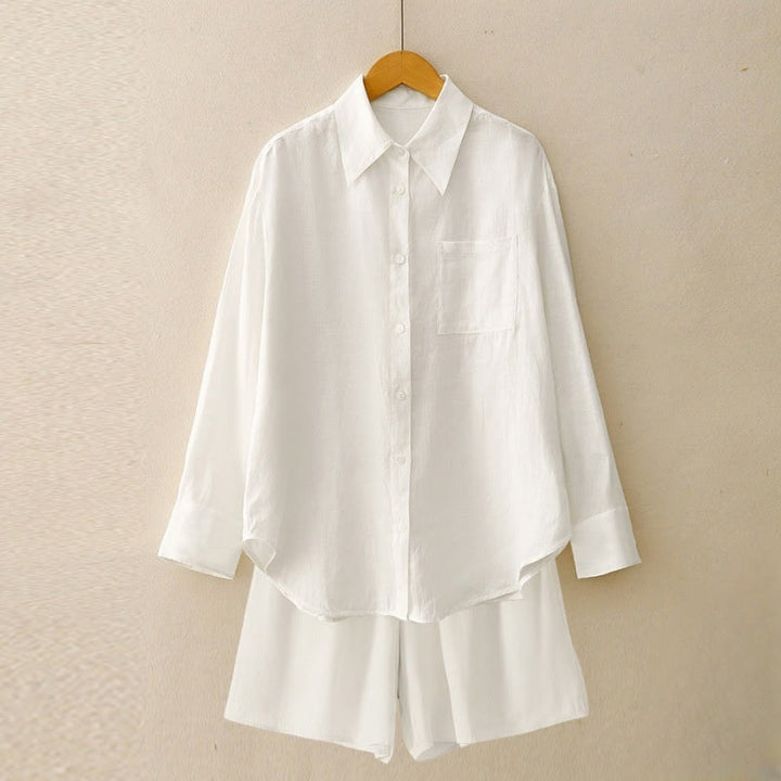 Ensemble d'été 2 pièces Buddha Stones pour femme : haut à manches longues uni, short et poches. Vêtements de méditation. - Blanc - US12，UK/AU16，EU44 (2XL) - image 28
