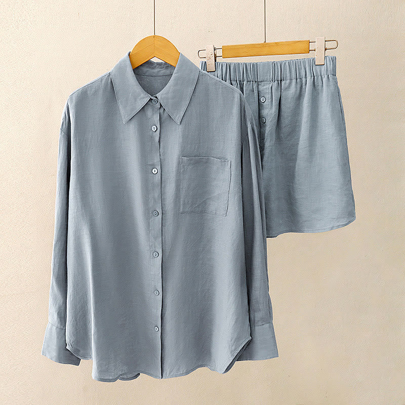 Ensemble 2 pièces d'été pour femme, chemise à manches longues, cardigan et short, vêtements de méditation avec poches, Buddha Stones - image 18