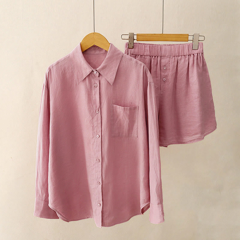 Ensemble 2 pièces d'été pour femme, chemise à manches longues, cardigan et short, vêtements de méditation avec poches, Buddha Stones - Rouge violet pâle - US12，UK/AU16，EU44 (2XL) - image 0