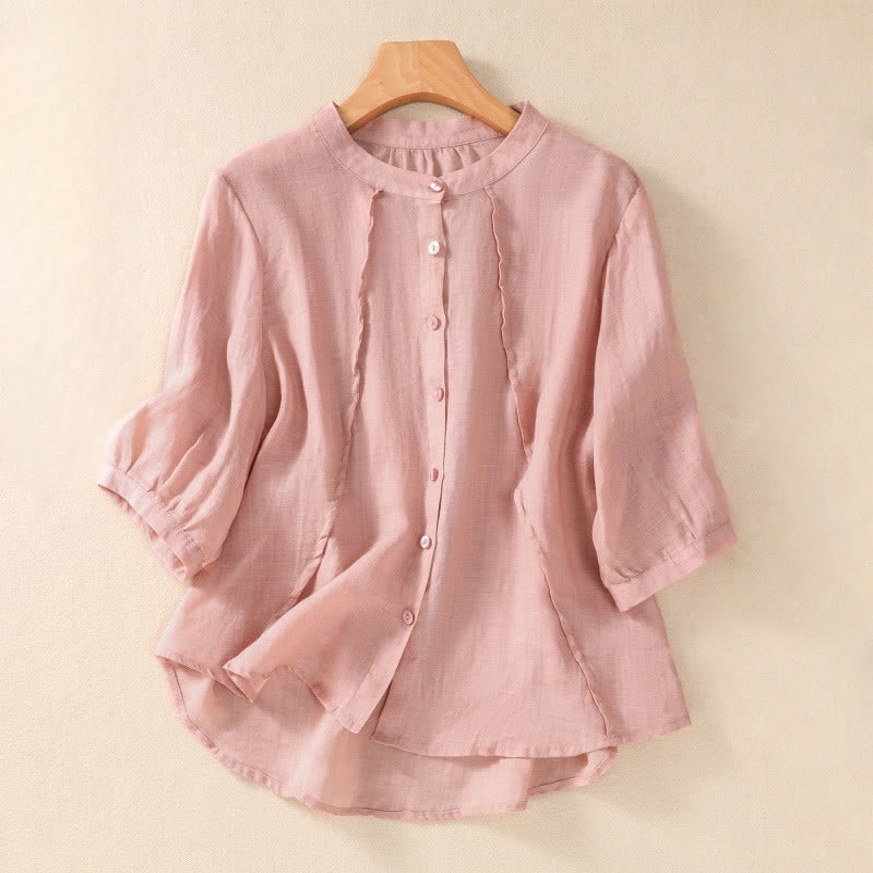 Cardigan décontracté à manches trois-quarts en coton et lin pour femme, col montant, Buddha Stones , à volants, style quotidien - Rose clair - US8-10，UK/AU12-14，EU40-42 (2XL) - image 23