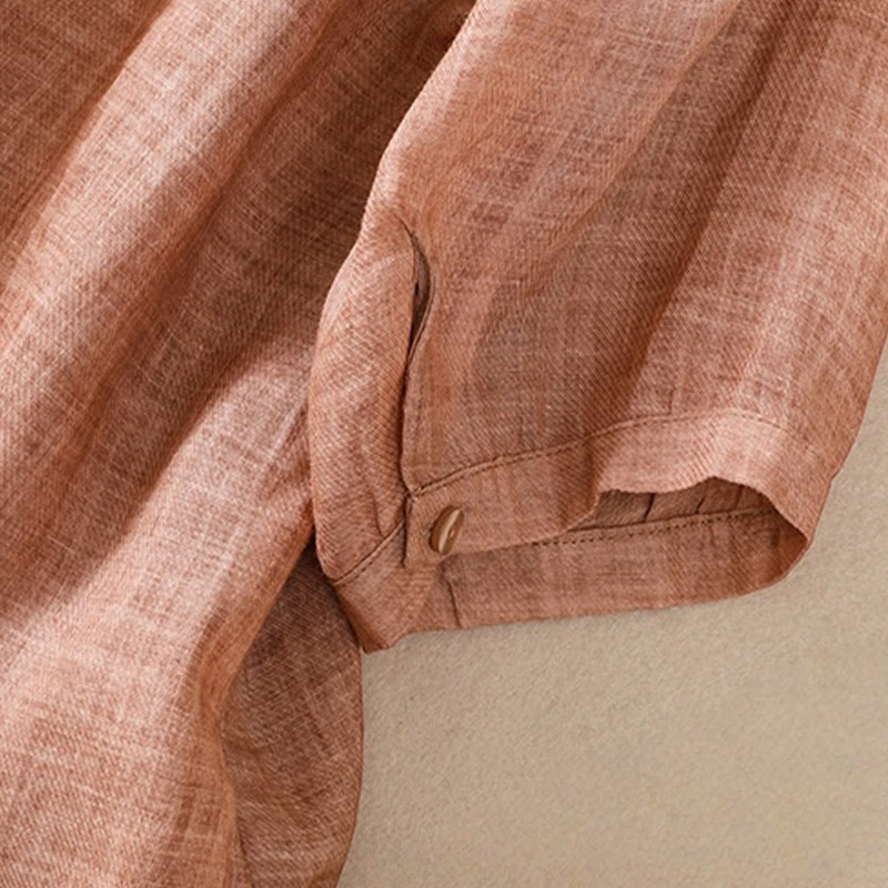 Chemise femme en coton et lin, manches trois-quarts, style décontracté, à boutons et volants, ornée de Buddha Stones. Col montant. - image 22