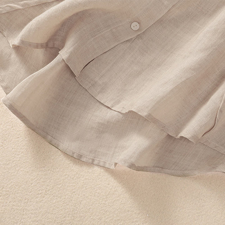 Chemise femme en coton et lin, manches trois-quarts, style décontracté, à boutons et volants, ornée de Buddha Stones. Col montant. - image 13