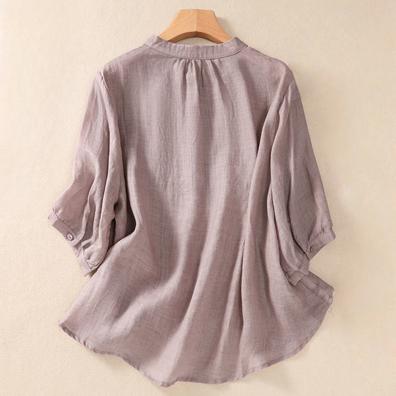 Chemise femme en coton et lin, manches trois-quarts, style décontracté, à boutons et volants, ornée de Buddha Stones. Col montant. - image 1