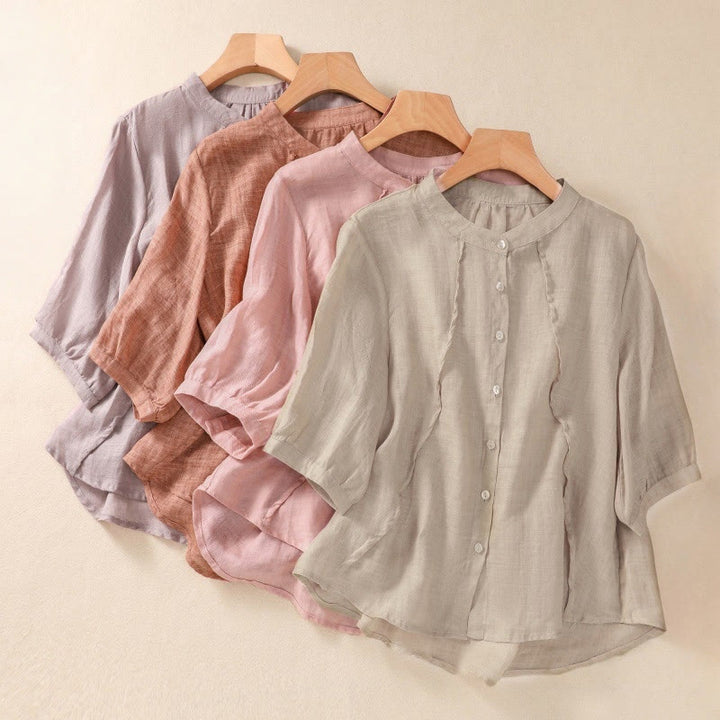 Chemise femme en coton et lin, manches trois-quarts, style décontracté, à boutons et volants, ornée de Buddha Stones. Col montant. - image 32