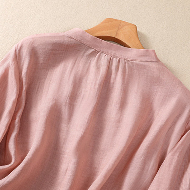 Cardigan décontracté à manches trois-quarts en coton et lin pour femme, col montant, Buddha Stones , à volants, style quotidien - image 26