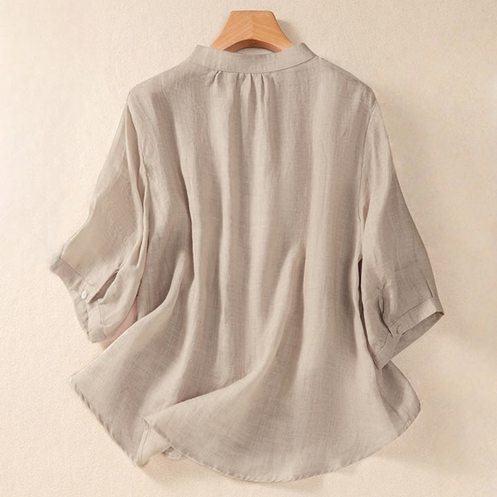 Cardigan décontracté à manches trois-quarts en coton et lin pour femme, col montant, Buddha Stones , à volants, style quotidien - image 8