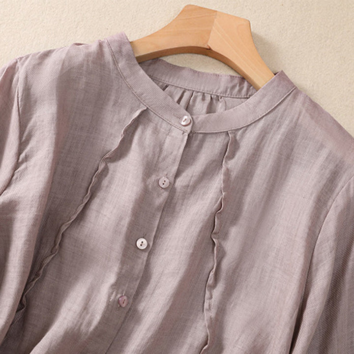 Chemise femme en coton et lin, manches trois-quarts, style décontracté, à boutons et volants, ornée de Buddha Stones. Col montant. - image 2