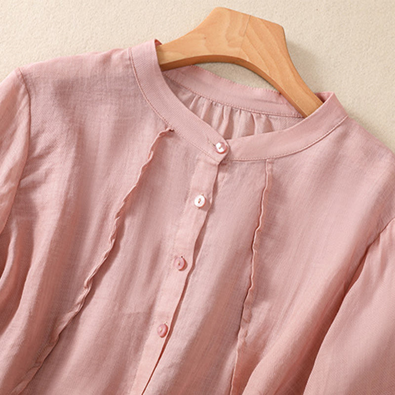 Cardigan décontracté à manches trois-quarts en coton et lin pour femme, col montant, Buddha Stones , à volants, style quotidien - image 24