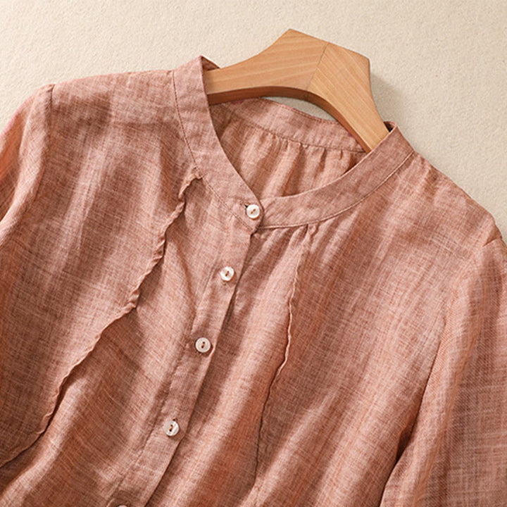 Chemise femme en coton et lin, manches trois-quarts, style décontracté, à boutons et volants, ornée de Buddha Stones. Col montant. - image 17