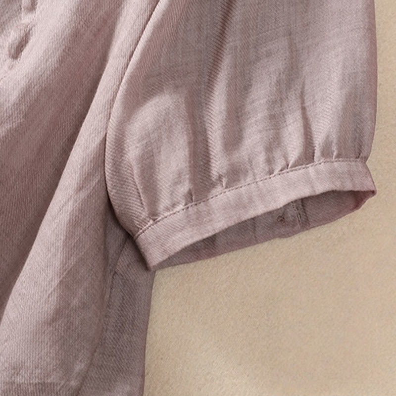 Chemise femme en coton et lin, manches trois-quarts, style décontracté, à boutons et volants, ornée de Buddha Stones. Col montant. - image 5