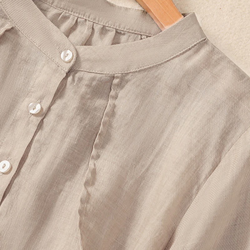 Chemise femme en coton et lin, manches trois-quarts, style décontracté, à boutons et volants, ornée de Buddha Stones. Col montant. - image 10