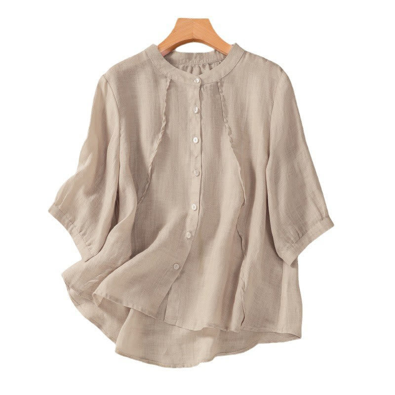 Cardigan décontracté à manches trois-quarts en coton et lin pour femme, col montant, Buddha Stones , à volants, style quotidien - image 14
