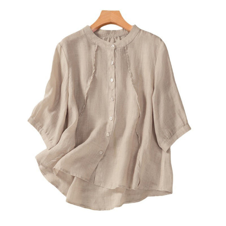 Cardigan décontracté à manches trois-quarts en coton et lin pour femme, col montant, Buddha Stones , à volants, style quotidien - image 14