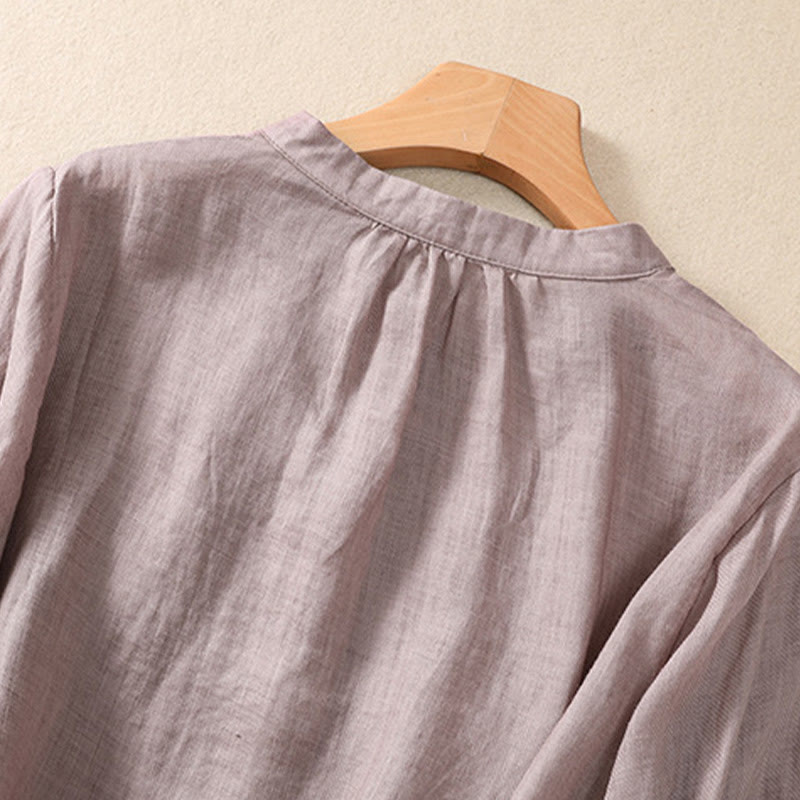 Chemise femme en coton et lin, manches trois-quarts, style décontracté, à boutons et volants, ornée de Buddha Stones. Col montant. - image 3