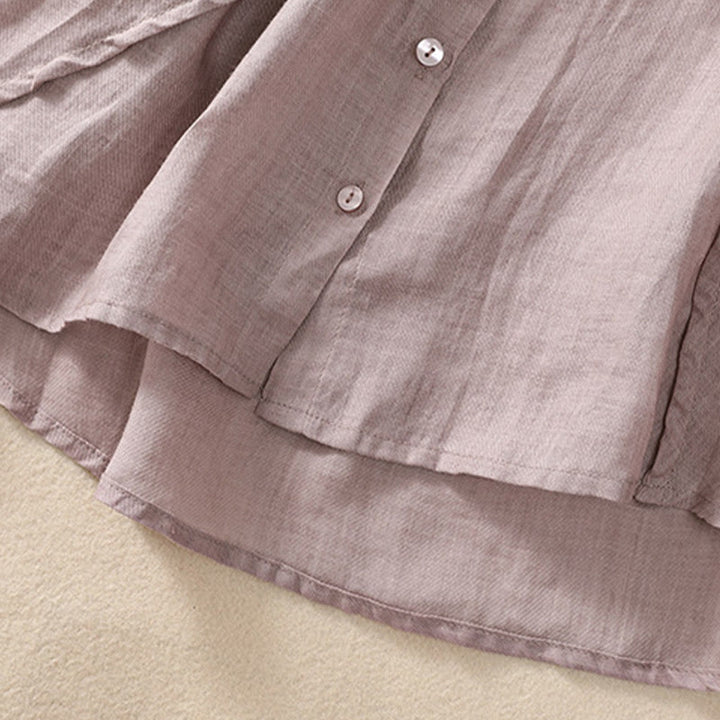 Chemise femme en coton et lin, manches trois-quarts, style décontracté, à boutons et volants, ornée de Buddha Stones. Col montant. - image 6