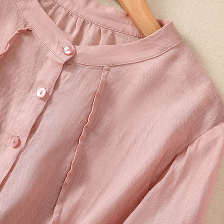 Chemise femme en coton et lin, manches trois-quarts, style décontracté, à boutons et volants, ornée de Buddha Stones. Col montant. - image 25