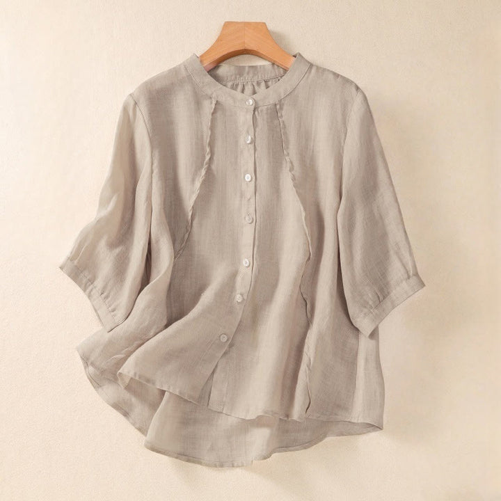Cardigan décontracté à manches trois-quarts en coton et lin pour femme, col montant, Buddha Stones , à volants, style quotidien - Tanné - US8-10，UK/AU12-14，EU40-42 (2XL) - image 7