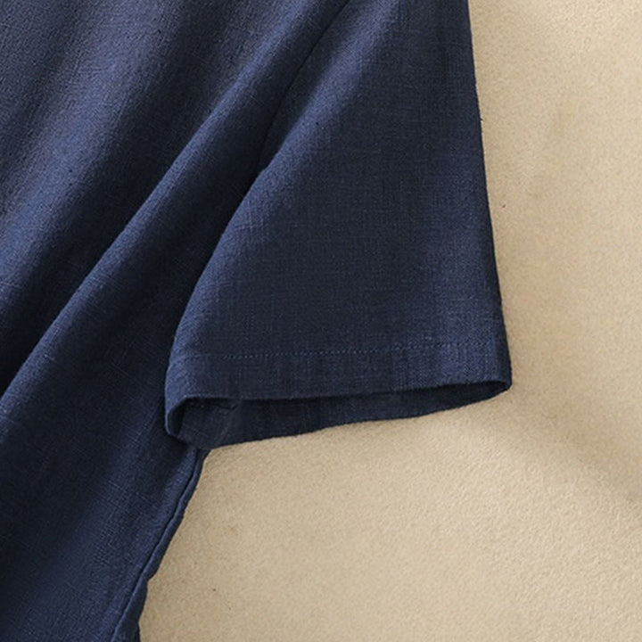 Chemise à manches trois-quarts en coton et lin, style décontracté, coupe ample, col montant asymétrique, boutons brandebourg colorés, ornée de Buddha Stones. - image 5