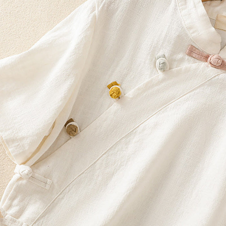 Chemise à manches trois-quarts en coton et lin, style décontracté, coupe ample, col montant asymétrique, boutons brandebourg colorés, ornée de Buddha Stones. - image 11