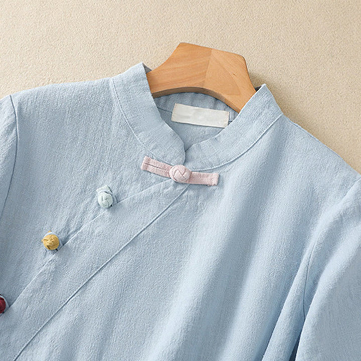 Chemise à manches trois-quarts en coton et lin, style décontracté, coupe ample, col montant asymétrique, boutons brandebourg colorés, ornée de Buddha Stones. - image 17