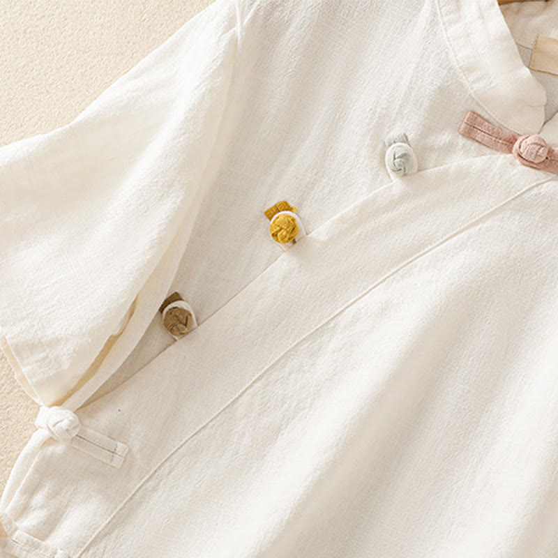 Chemise à manches trois-quarts en coton et lin, style décontracté, coupe ample, col montant asymétrique, boutons brandebourg colorés, ornée de Buddha Stones. - image 11