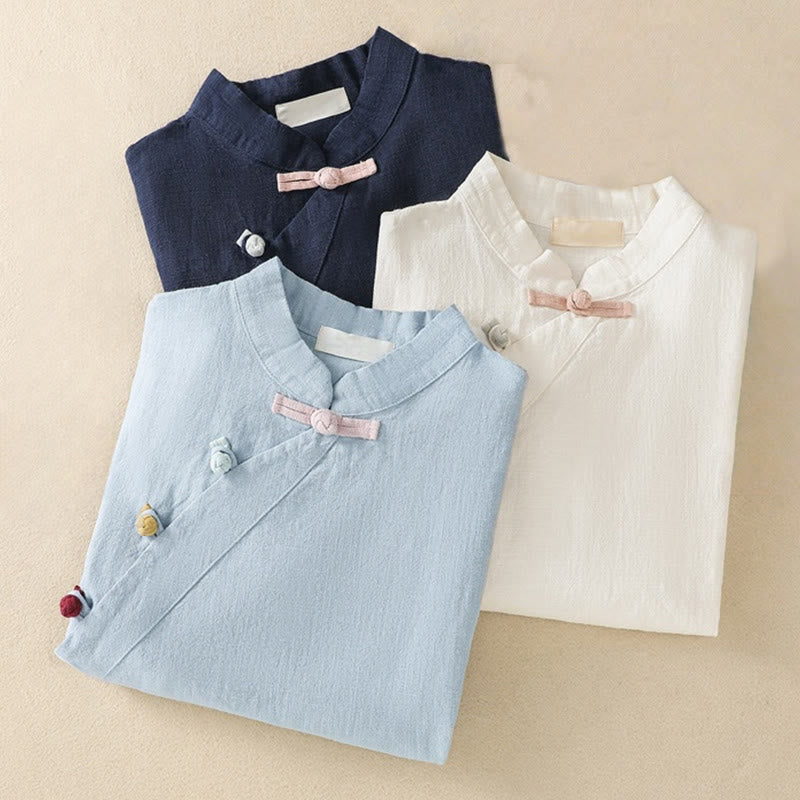 Chemise à manches trois-quarts en coton et lin, style décontracté, coupe ample, col montant asymétrique, boutons brandebourg colorés, ornée de Buddha Stones. - image 25