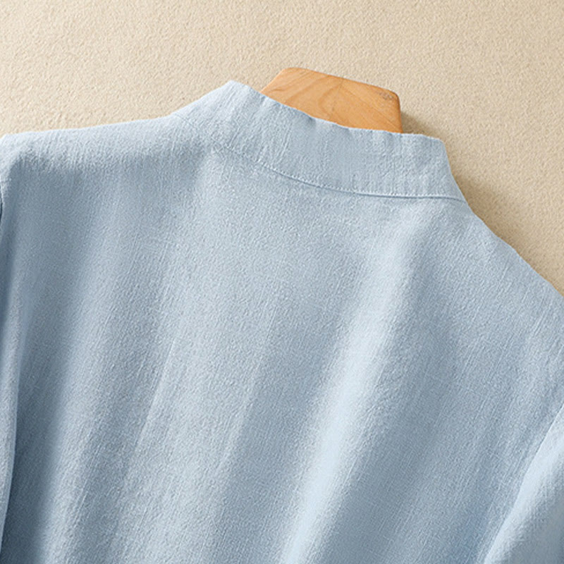 Chemise à manches trois-quarts en coton et lin, style décontracté, coupe ample, col montant asymétrique, boutons brandebourg colorés, ornée de Buddha Stones. - image 18