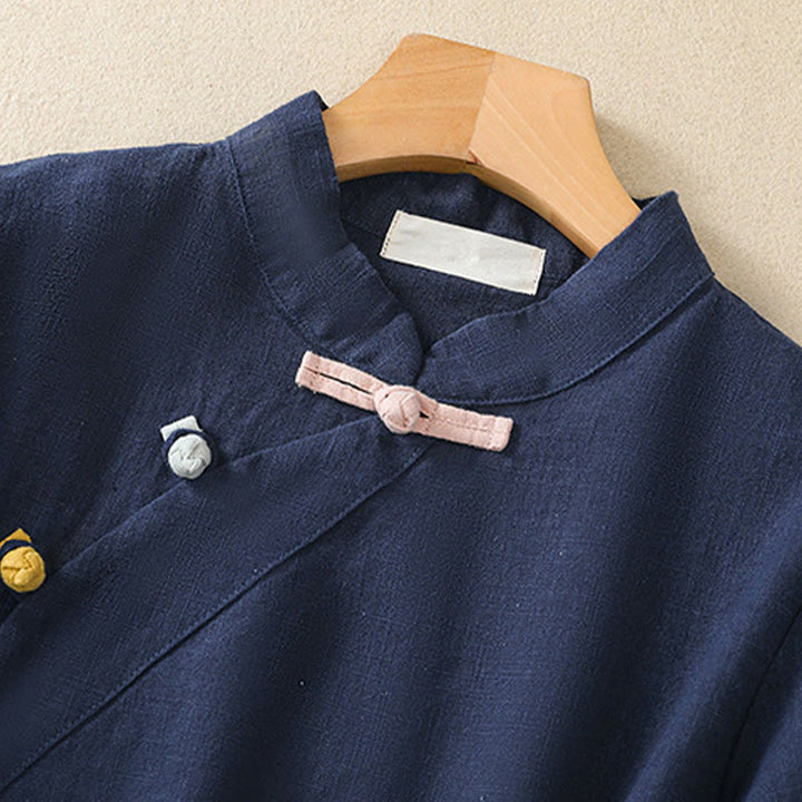 Chemise à manches trois-quarts en coton et lin, style décontracté, coupe ample, col montant asymétrique, boutons brandebourg colorés, ornée de Buddha Stones. - image 3