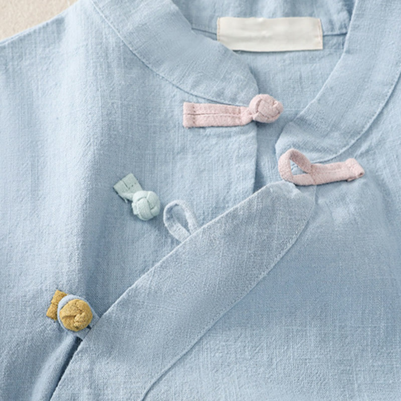 Chemise à manches trois-quarts en coton et lin, style décontracté, coupe ample, col montant asymétrique, boutons brandebourg colorés, ornée de Buddha Stones. - image 19