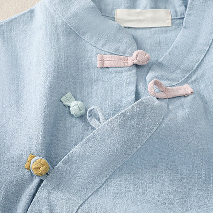 Chemise à manches trois-quarts en coton et lin, style décontracté, coupe ample, col montant asymétrique, boutons brandebourg colorés, ornée de Buddha Stones. - image 19